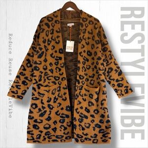 KNOX ROSE Women’s Size M Sweater Cardigan NWT Leopard Longline Open Front SOFT